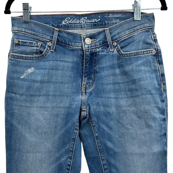 Eddie Bauer Slim Boyfriend Buffalo Plaid Knee Patch Lightly Distressed Jeans - Picture 2 of 7